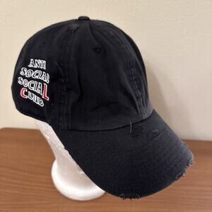 Anti Social Social Club Strapback Hat Cap Distressed Black Side Panel Kbethos